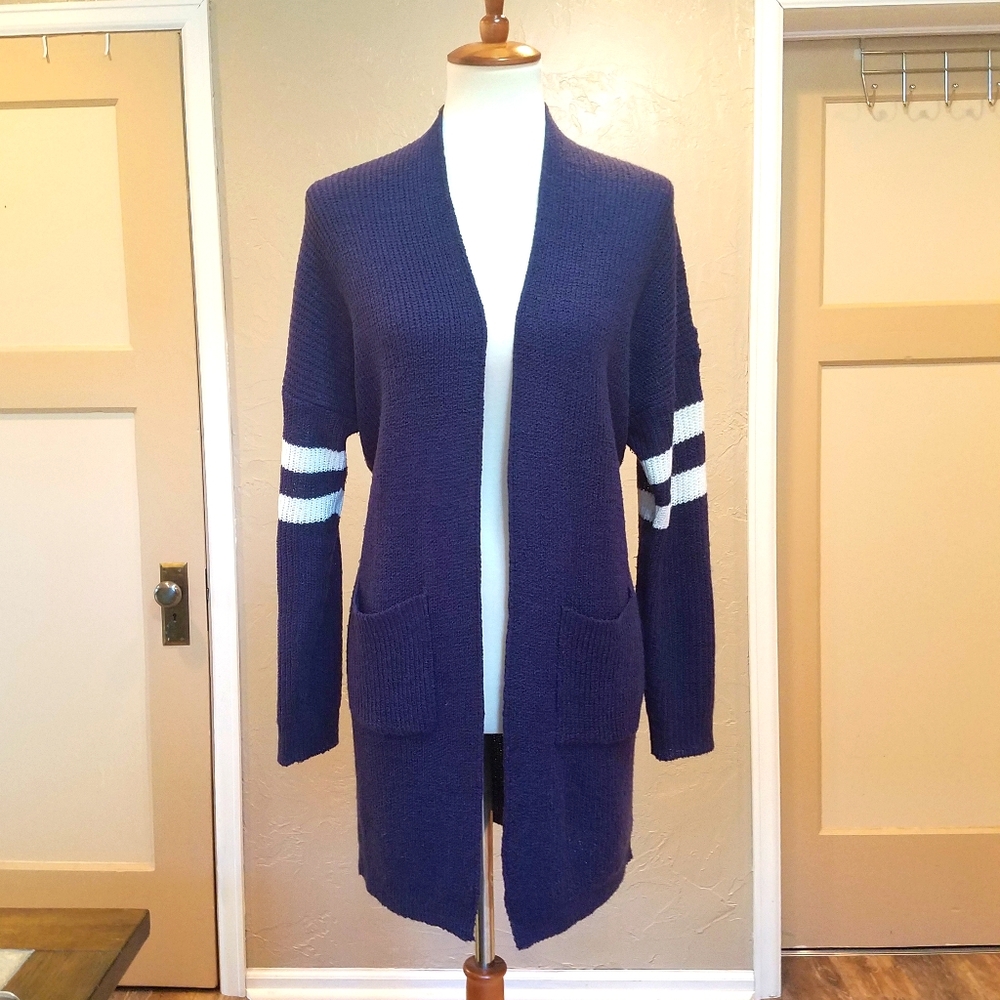 White Ginger Open Front Knit Cardigan Navy & White